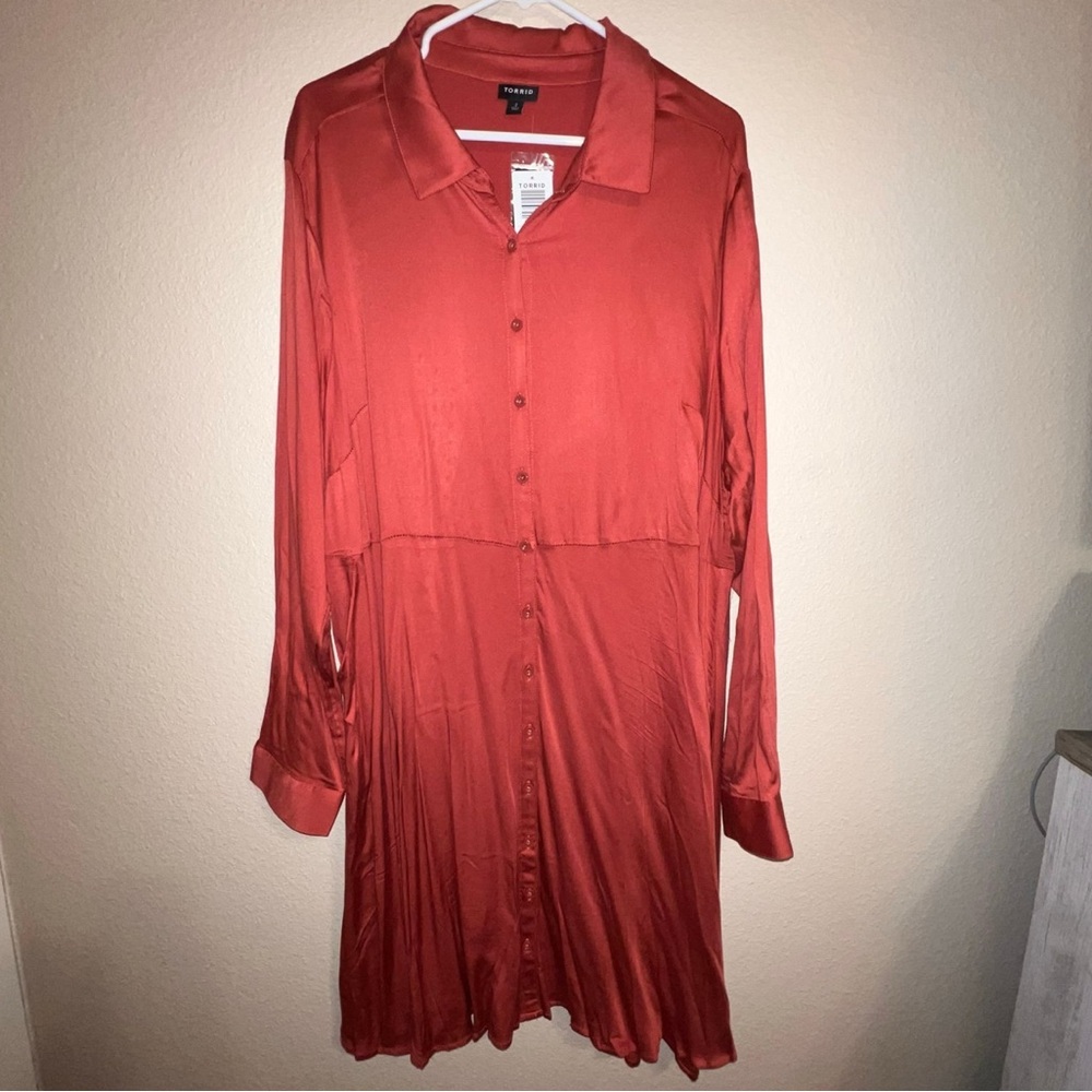 Torrid Orange Pleated Long Sleeve Shirt Dress
